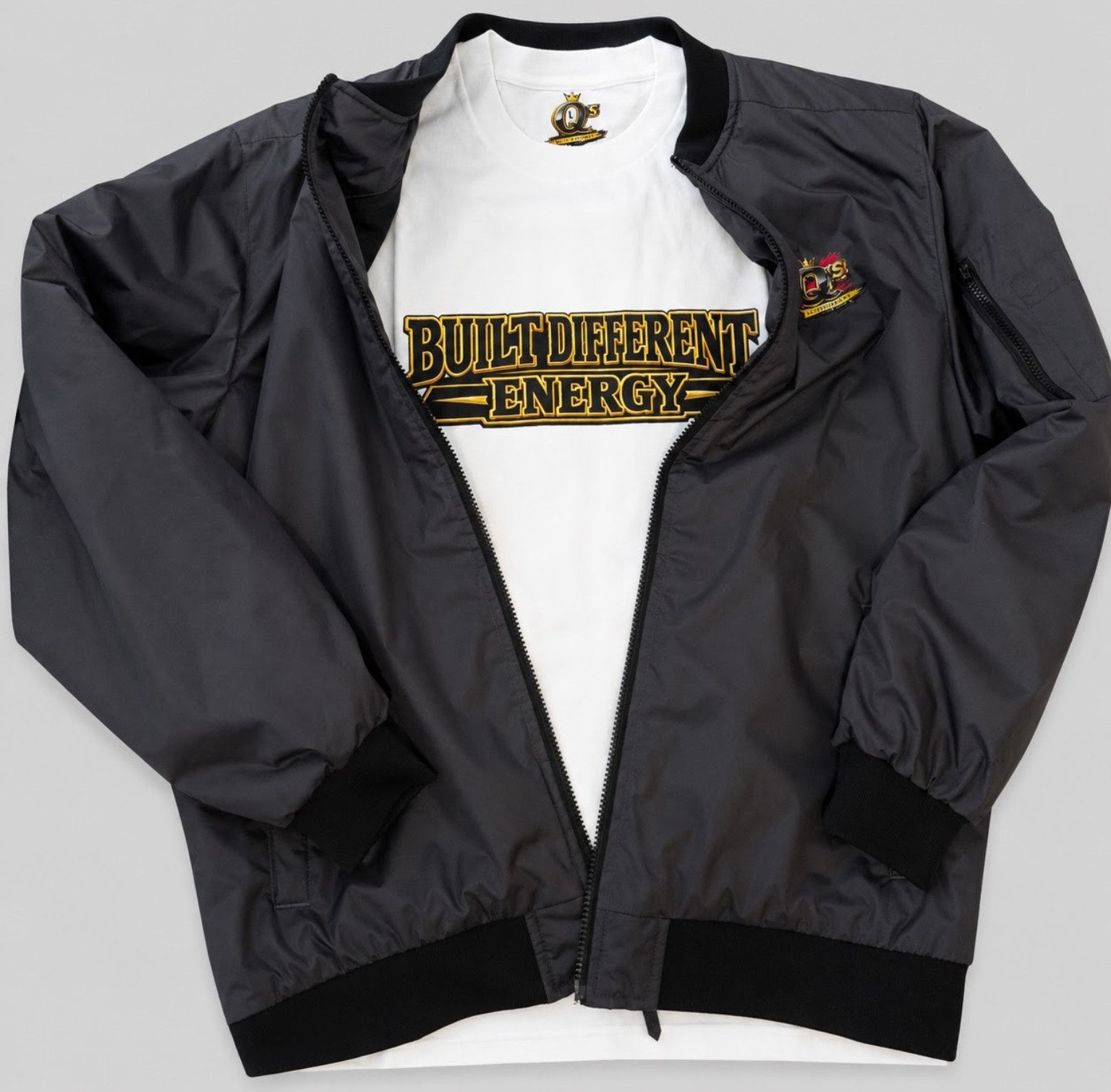 Built Different Energy tee styled with black jacket